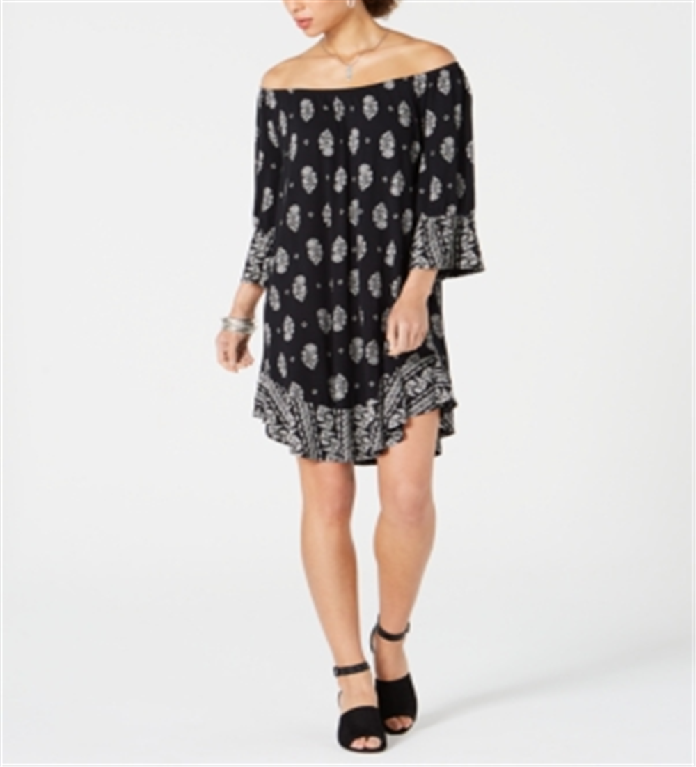 Style & Co Women's Printed on/Off the Shoulder Dress Black Size Petite S