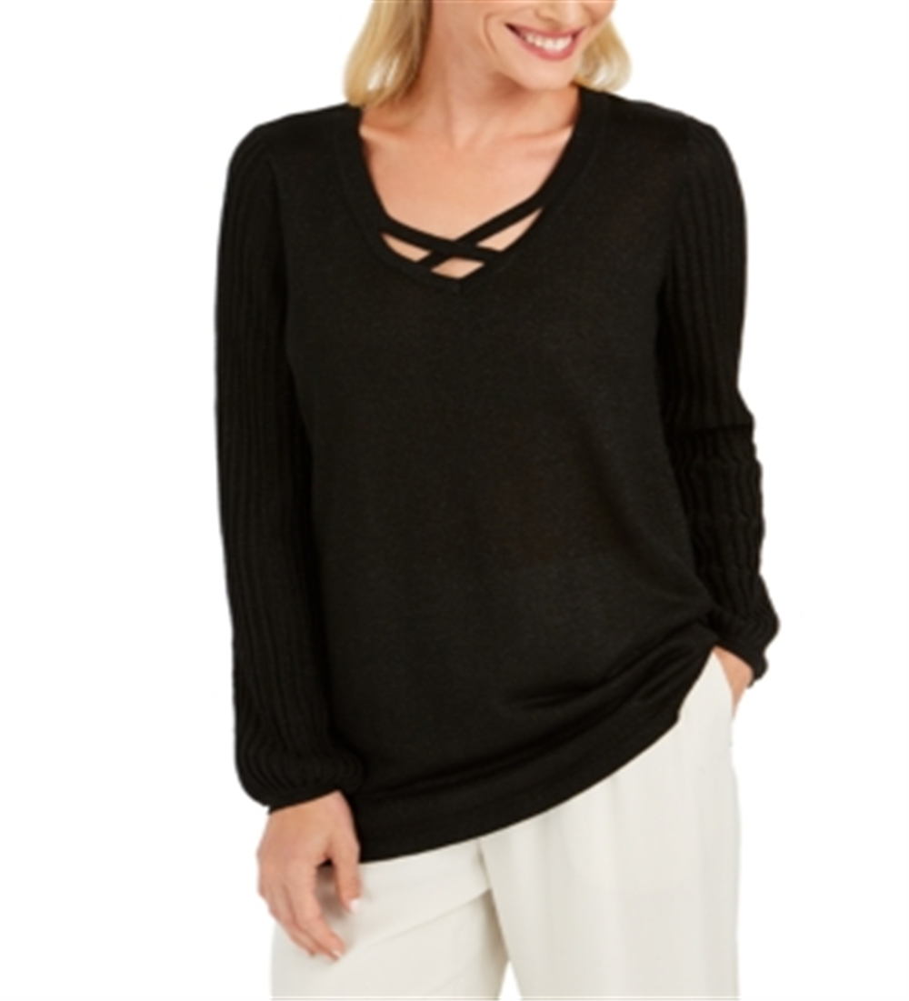 JM Collection Women's Shimmer Lattice Blouse Black Size X-Large