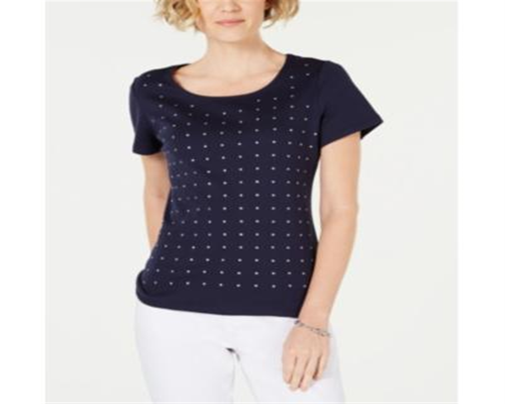 Karen Scott Women's Cotton Star Stud Top Dark Blue Size Petite S/M