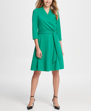 DKNY Women's Surplice Ponte Fit Flare Dress Green Size 2