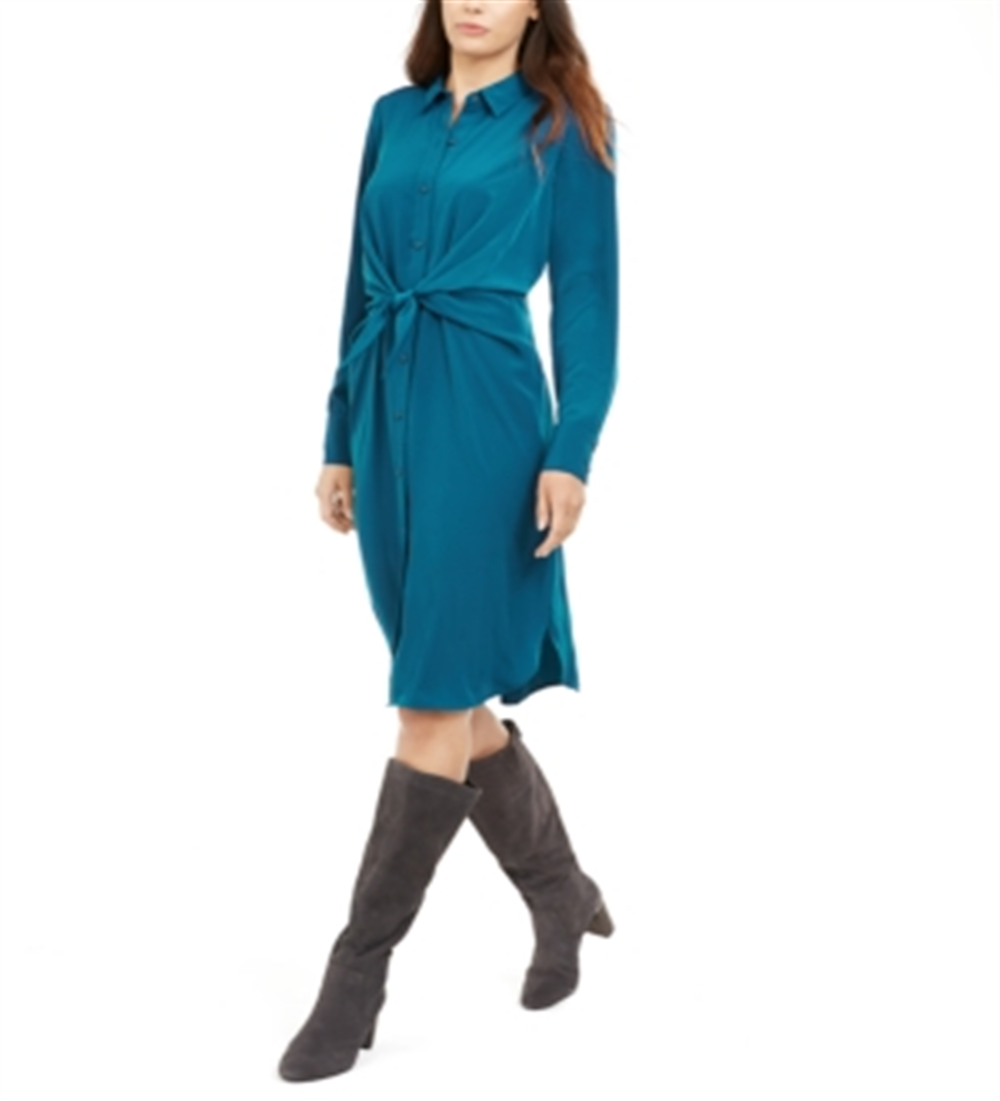 Alfani Women's Tie Front Shirt Dress Green Size 8 Petite