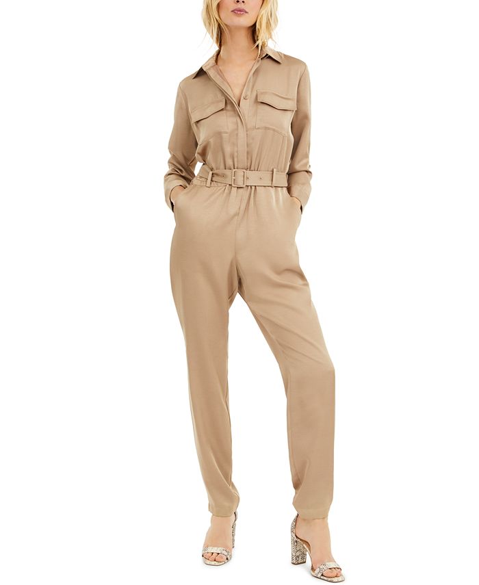 INC Women's Plus Wide Leg Button-Front Jumpsuit Tan Size 16W
