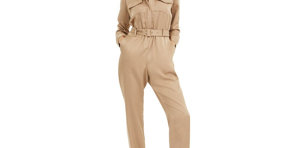 INC Women's Plus Wide Leg Button-Front Jumpsuit Tan Size 16W