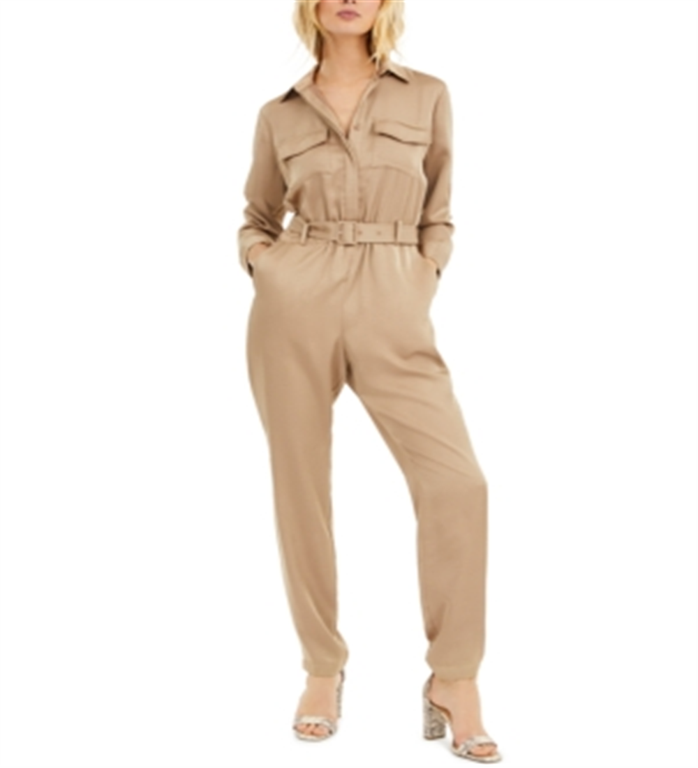 INC Women's Plus Wide Leg Button-Front Jumpsuit Tan Size 16W
