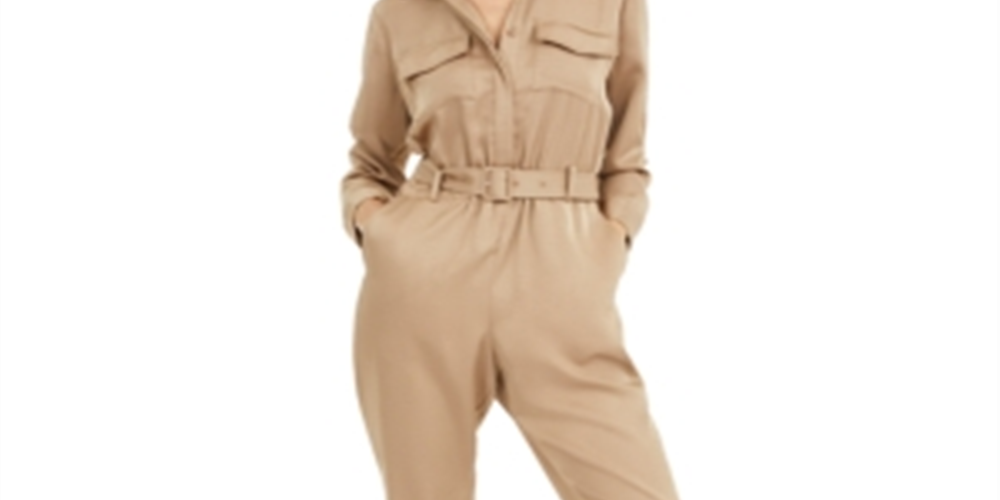 INC Women's Plus Wide Leg Button-Front Jumpsuit Tan Size 16W