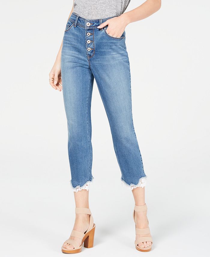 INC International Concepts Women's High Rise Lace Trim Skinny Cropped Jeans Blue Size 14