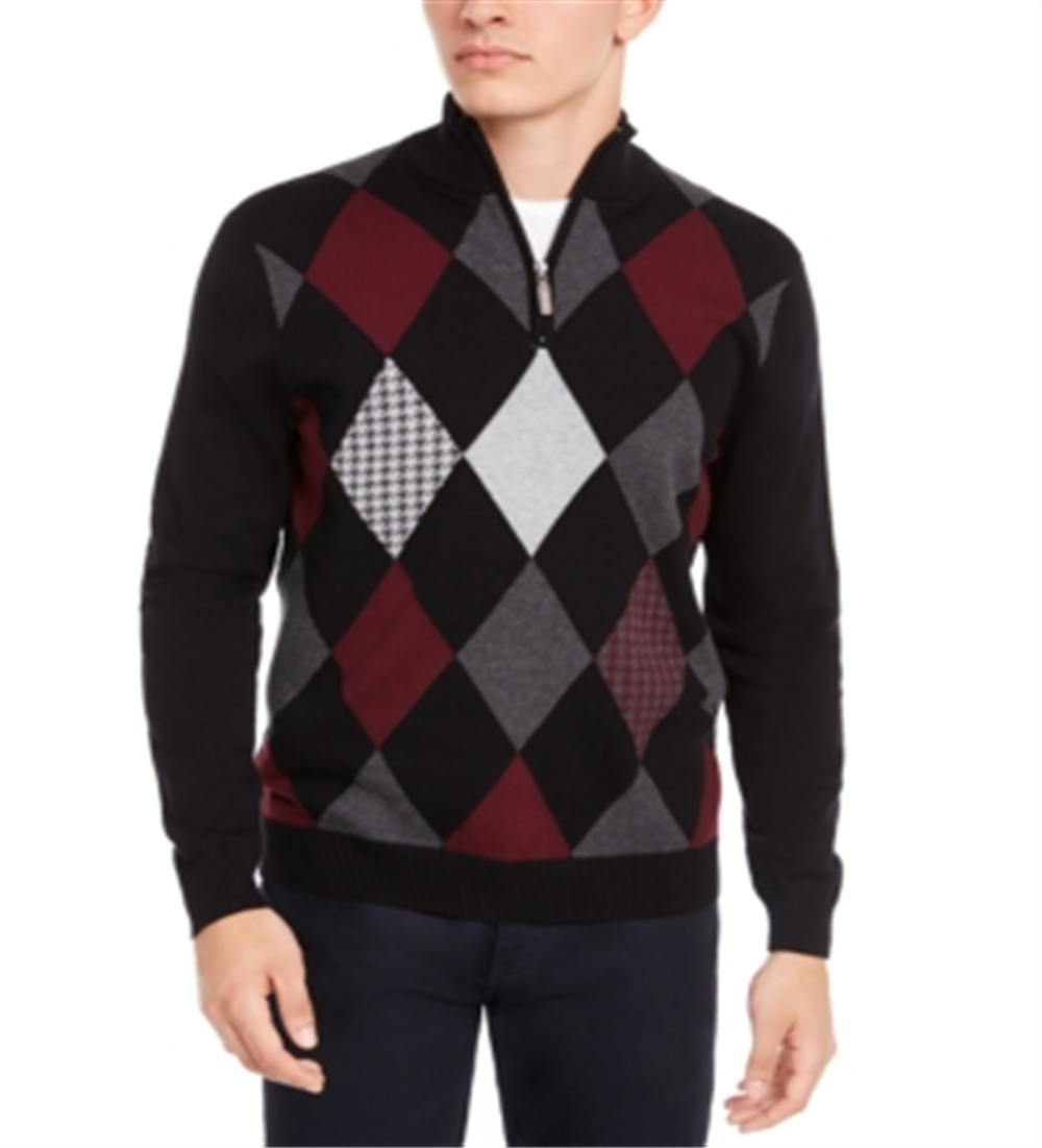 Club Room Men's Pima Argyle Quarter-Zip Sweater Black Size XXX-Large