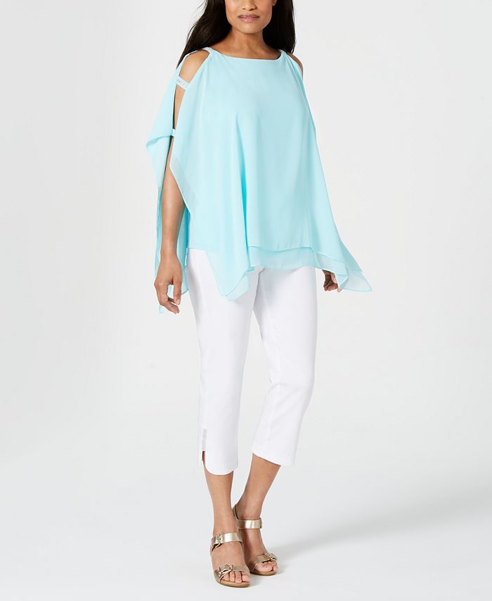 JM Collection Women's Split Sleeve Poncho Top Blue Size Petite L