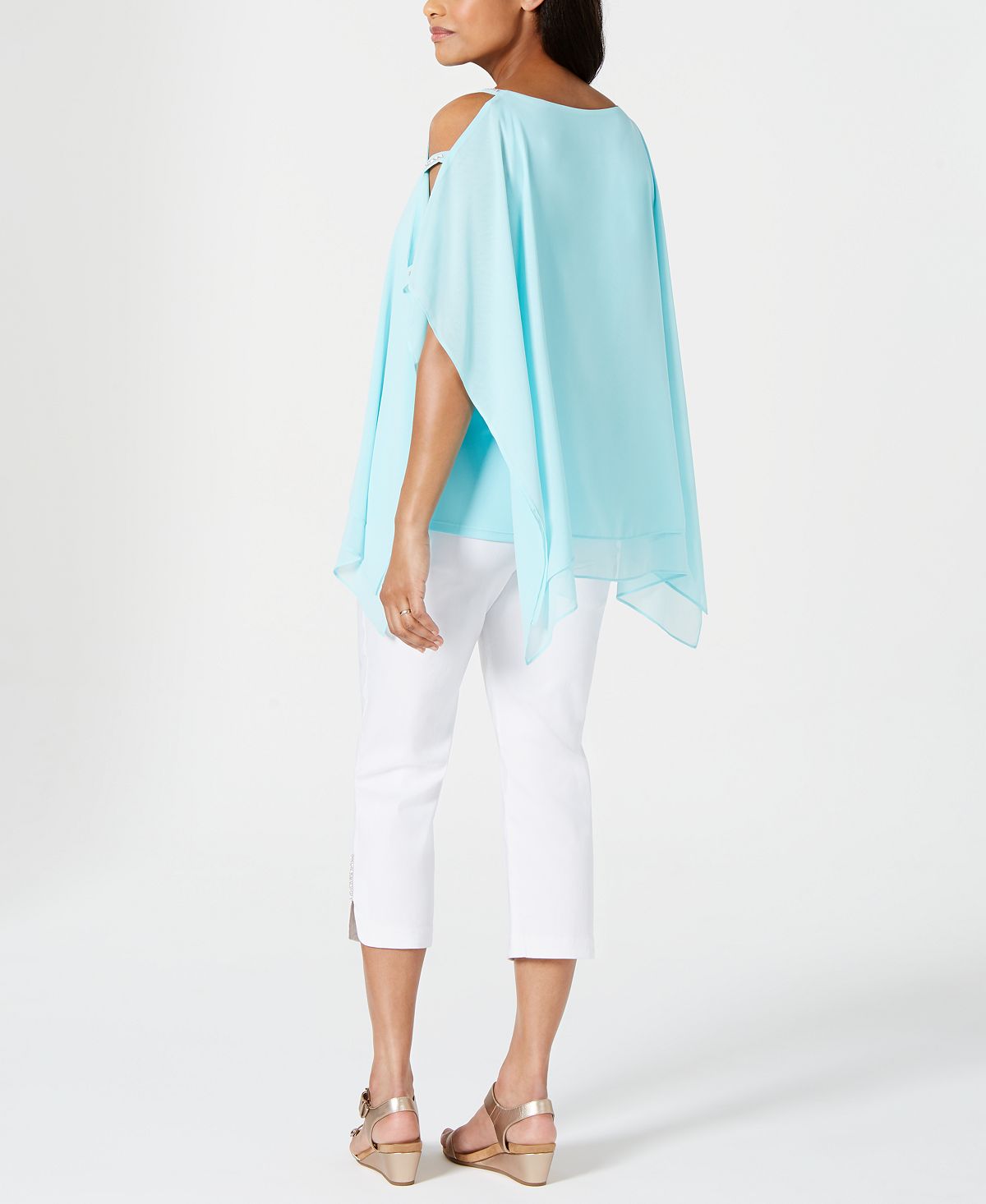 JM Collection Women's Split Sleeve Poncho Top Blue Size Petite L