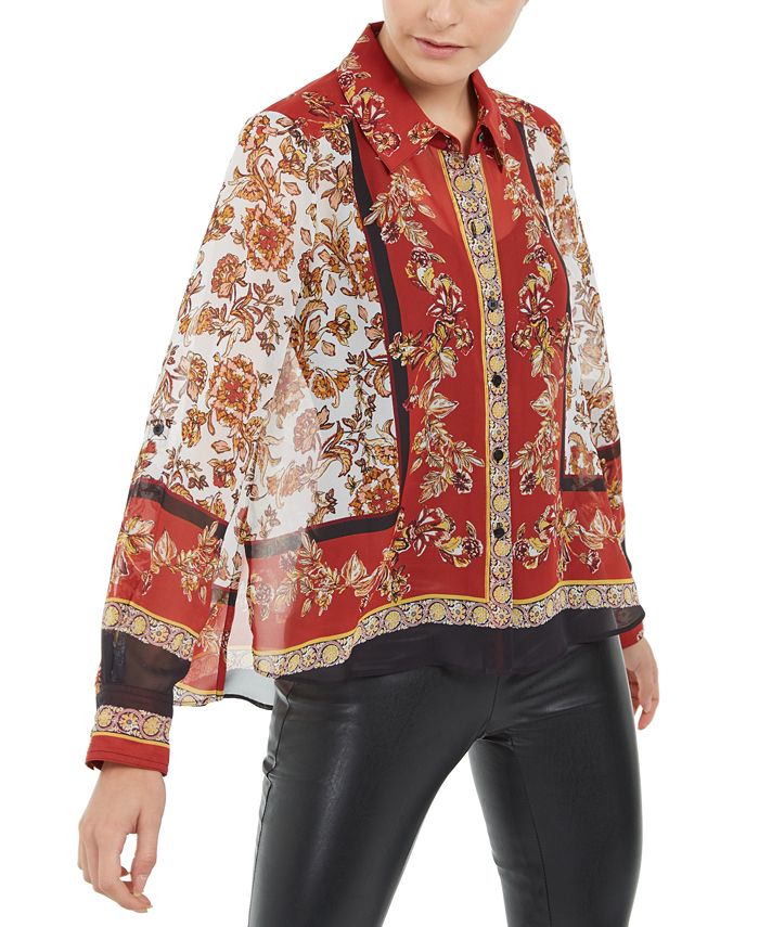 INC Iternational Concepts Women's Scarf Print Blouse Red Size Petite L