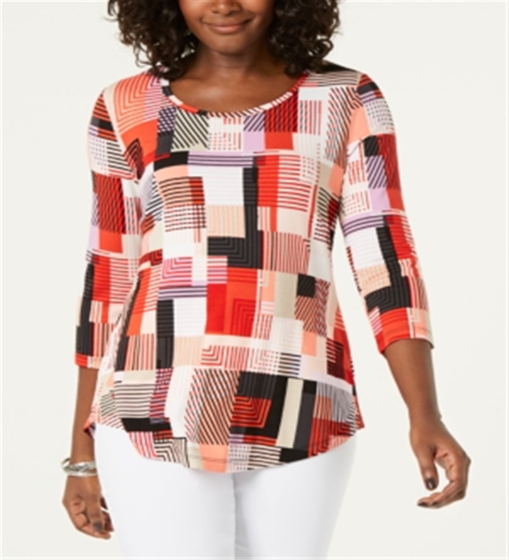 JM Collection Women's Printed 3/4 Sleeve Top Orange Size Petite L