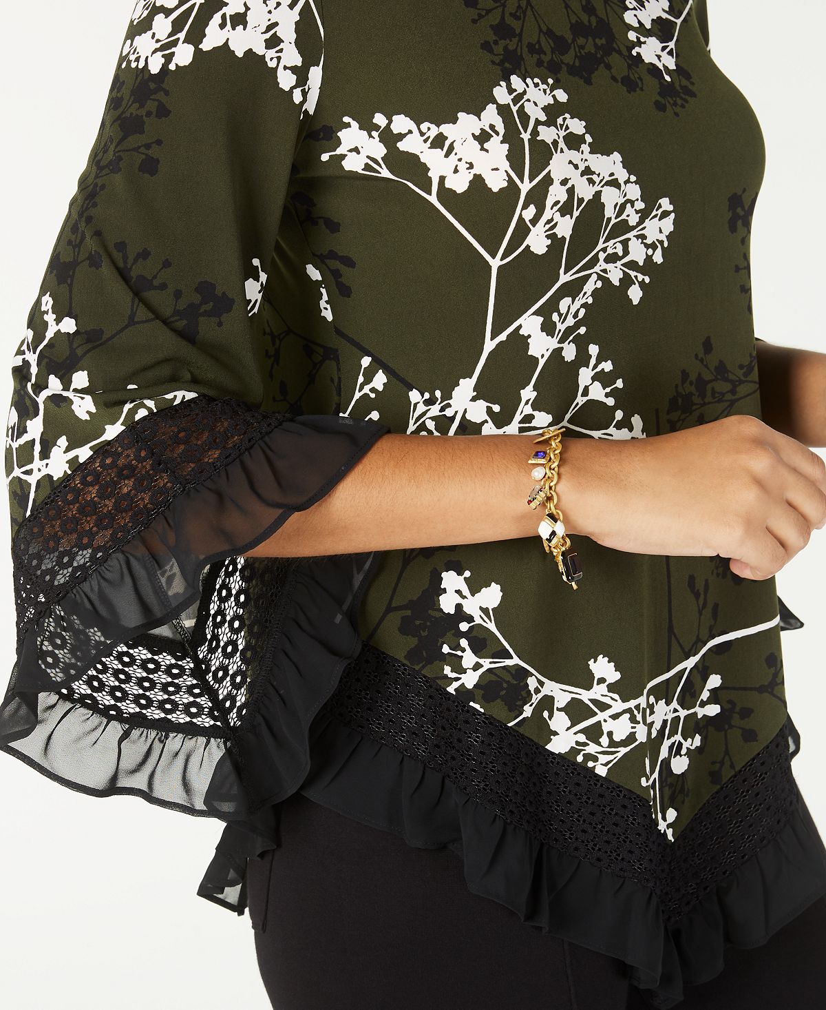 Alfani Women's Floral Print Lace Trim Top Green Size Petite L