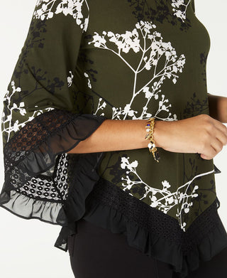 Alfani Women's Floral Print Lace Trim Top Green Size Petite L