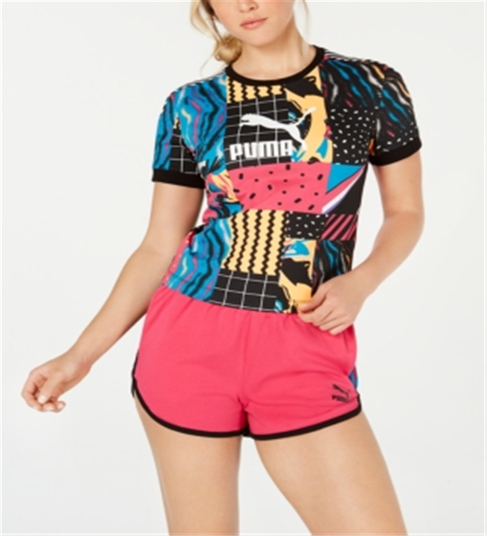 Puma Women's Clash Printed Cropped T-Shirt Black Size X-Large