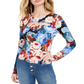 Guess Women's Floral Long Sleeve Keyhole T-Shirt Top Blue Size X-Small