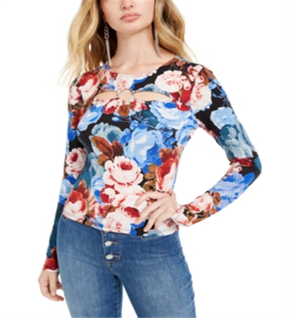 Guess Women's Floral Long Sleeve Keyhole T-Shirt Top Blue Size X-Small