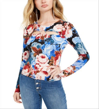 Guess Women's Floral Long Sleeve Keyhole T-Shirt Top Blue Size X-Small