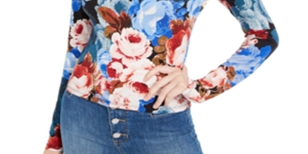 Guess Women's Floral Long Sleeve Keyhole T-Shirt Top Blue Size X-Small