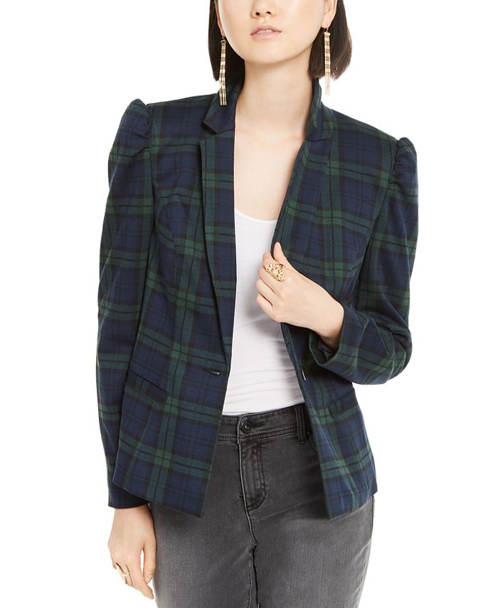INC Iternational Concepts Women's Puff Sleeve Plaid Jacket Green  Size X-Small