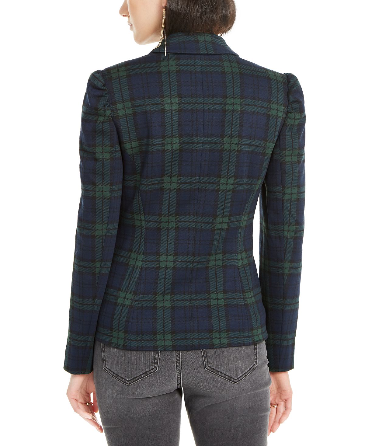 INC Iternational Concepts Women's Puff Sleeve Plaid Jacket Green  Size X-Small