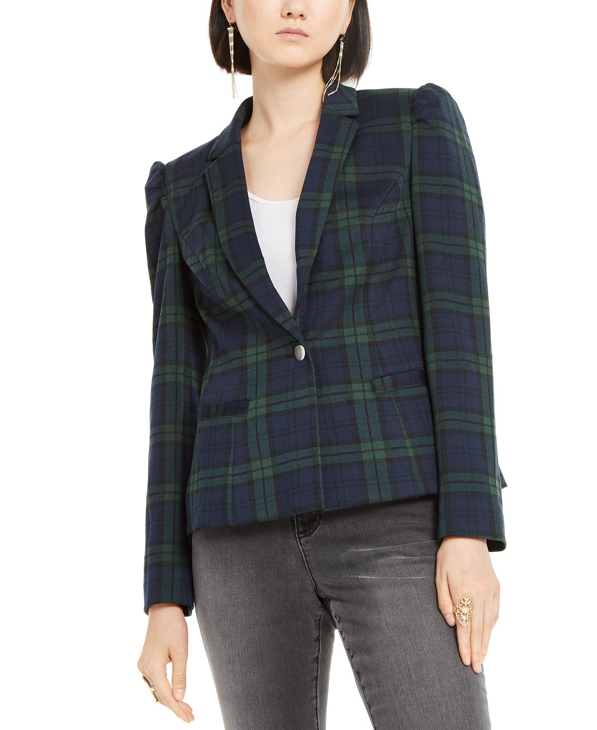 INC Iternational Concepts Women's Puff Sleeve Plaid Jacket Green  Size X-Small