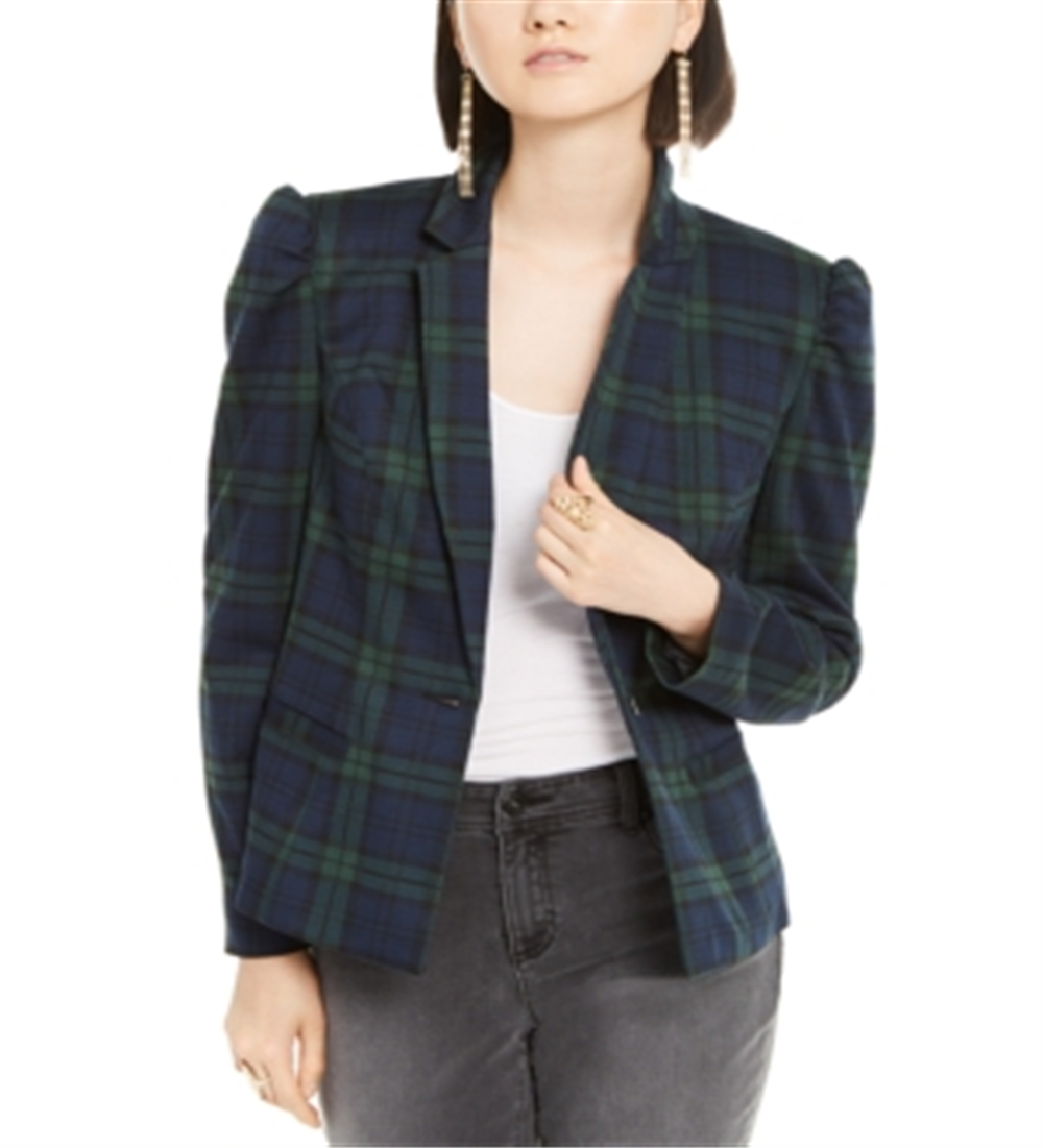 INC Iternational Concepts Women's Puff Sleeve Plaid Jacket Green  Size X-Small