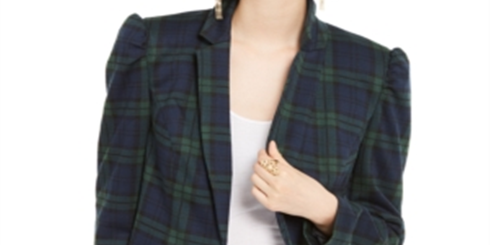 INC Iternational Concepts Women's Puff Sleeve Plaid Jacket Green  Size X-Small