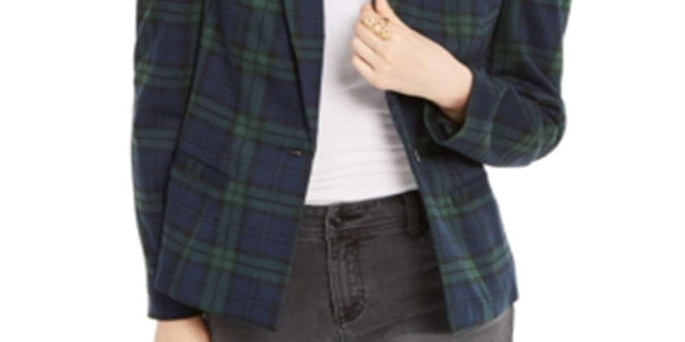 INC Iternational Concepts Women's Puff Sleeve Plaid Jacket Green  Size X-Small