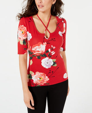 Guess Women's Floral Print Crisscross Top Red Size XS