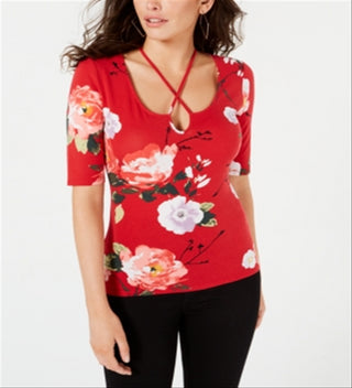 Guess Women's Floral Print Crisscross Top Red Size XS