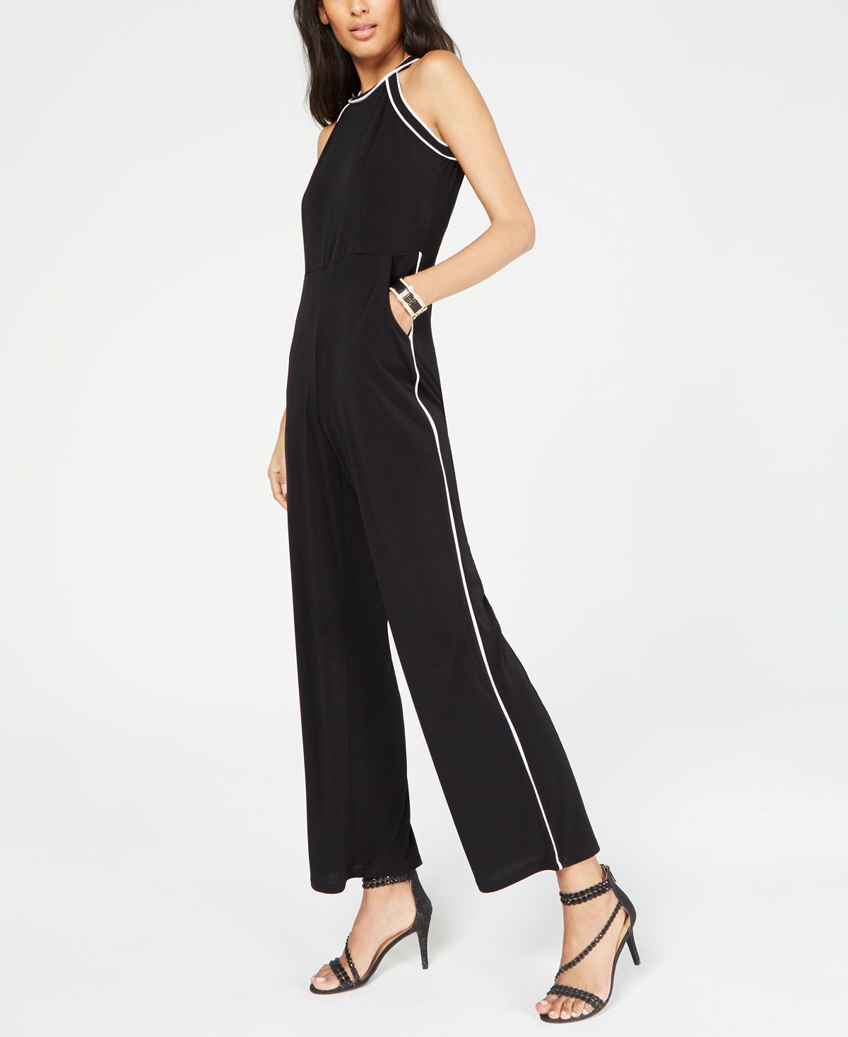 INC Iternational Concepts Women's Contrast Piping Halter Jumpsuit Black Size Petite XL