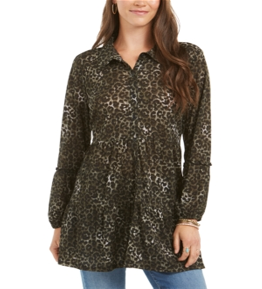 Style & Co Women's Floral Print Tie Shirt Green Size Petite L