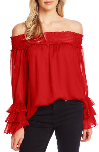 CeCe Women's Off the Shoulder Smocked Blouse Red Size M