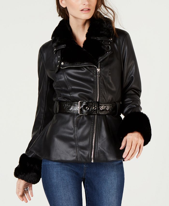 INC International Concepts Women's Faux Shearling & Faux Leather Aviator Jacket Black Size Small