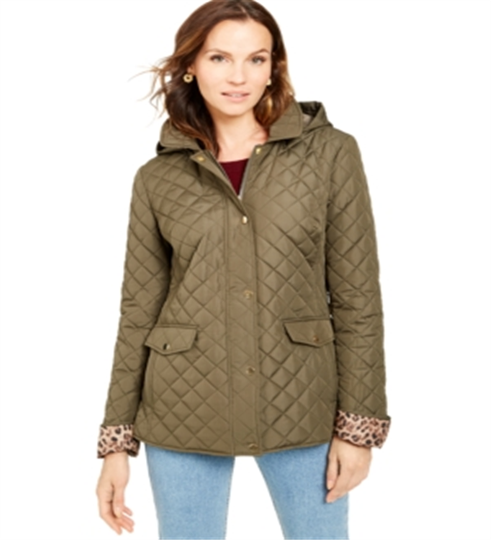 Charter Club Women's Quilted Hooded Jacket Green Size Petite