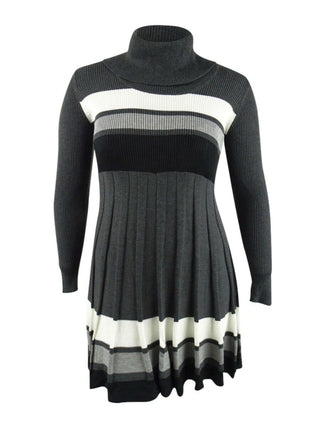 Calvin Klein Women's Ribbed Striped Long Sleeve Turtle Neck Below the Knee Accordion Pleat Dress Grey Size Medium