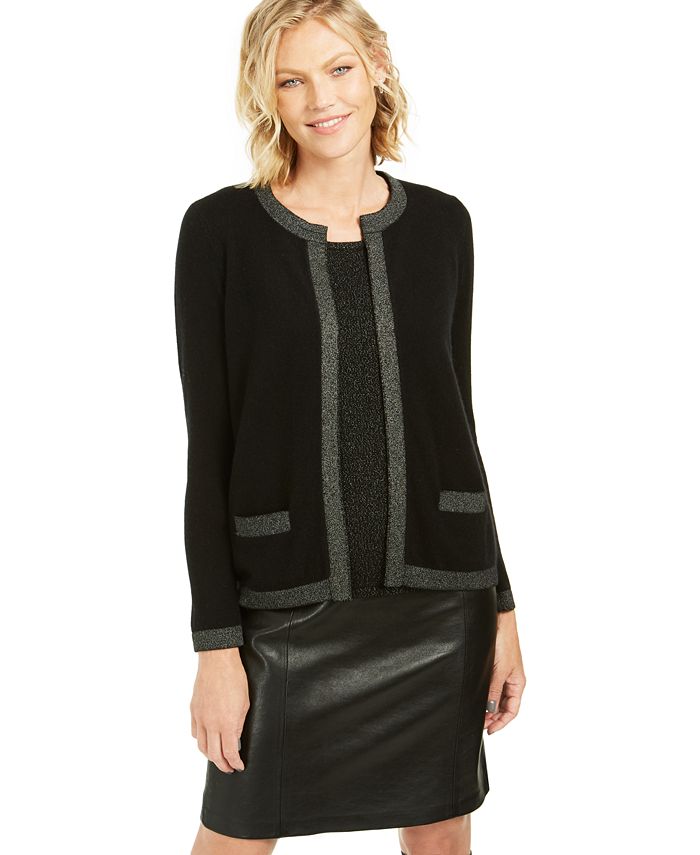 Charter Club Women's Lurex Trim Cashmere Cardigan Black Size X-Small