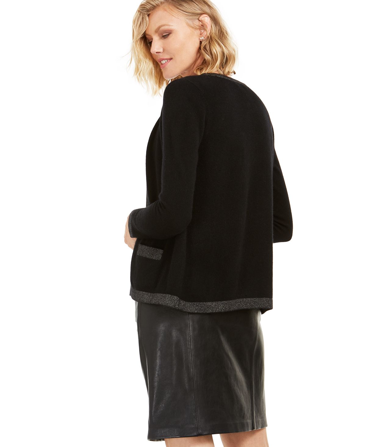 Charter Club Women's Lurex Trim Cashmere Cardigan Black Size X-Small