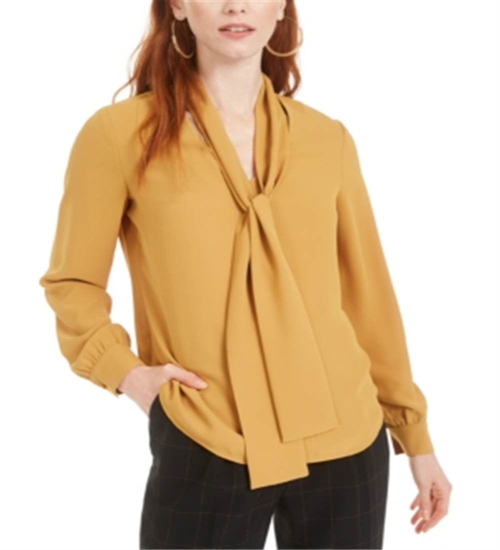 Bar III Women's Tie Neck Blouse Yellow Size Large
