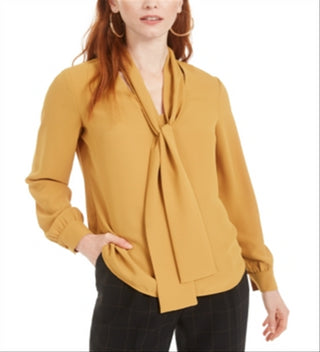 Bar III Women's Tie Neck Blouse Yellow Size Large