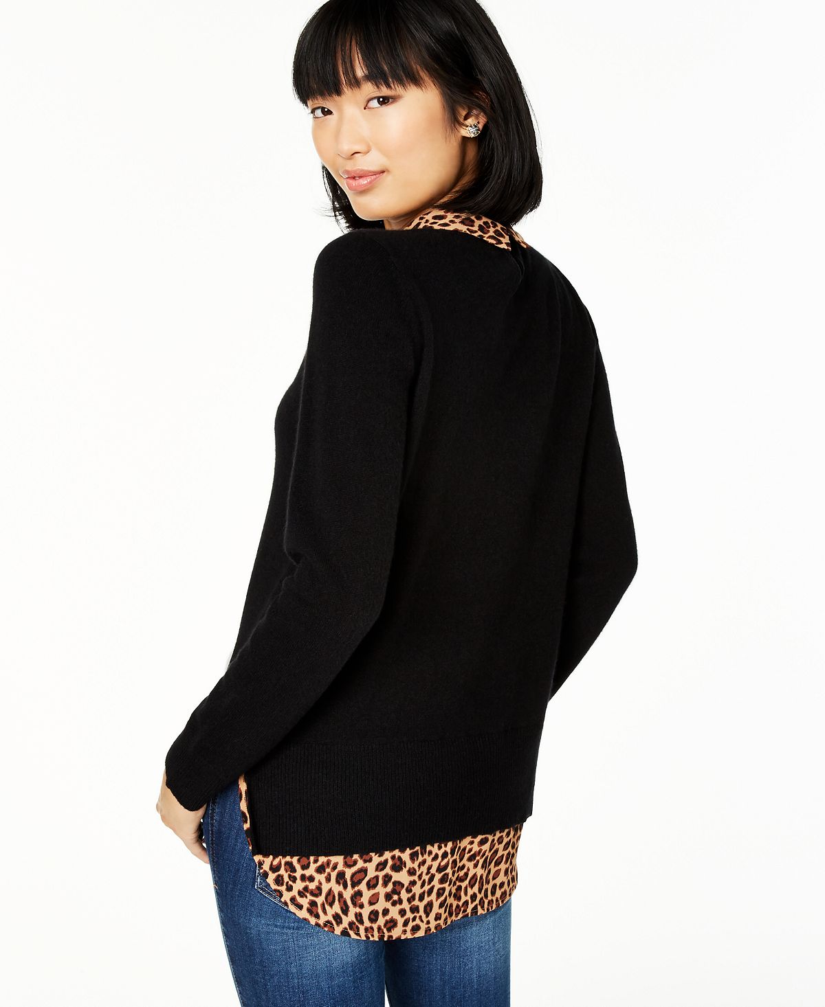 Charter Club Women's Pure Cashmere Cheetah Print Layered Look Sweater Black Size Large
