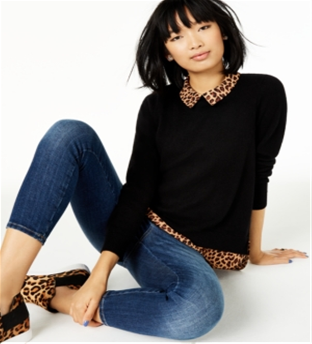 Charter Club Women's Pure Cashmere Cheetah Print Layered Look Sweater Black Size Large