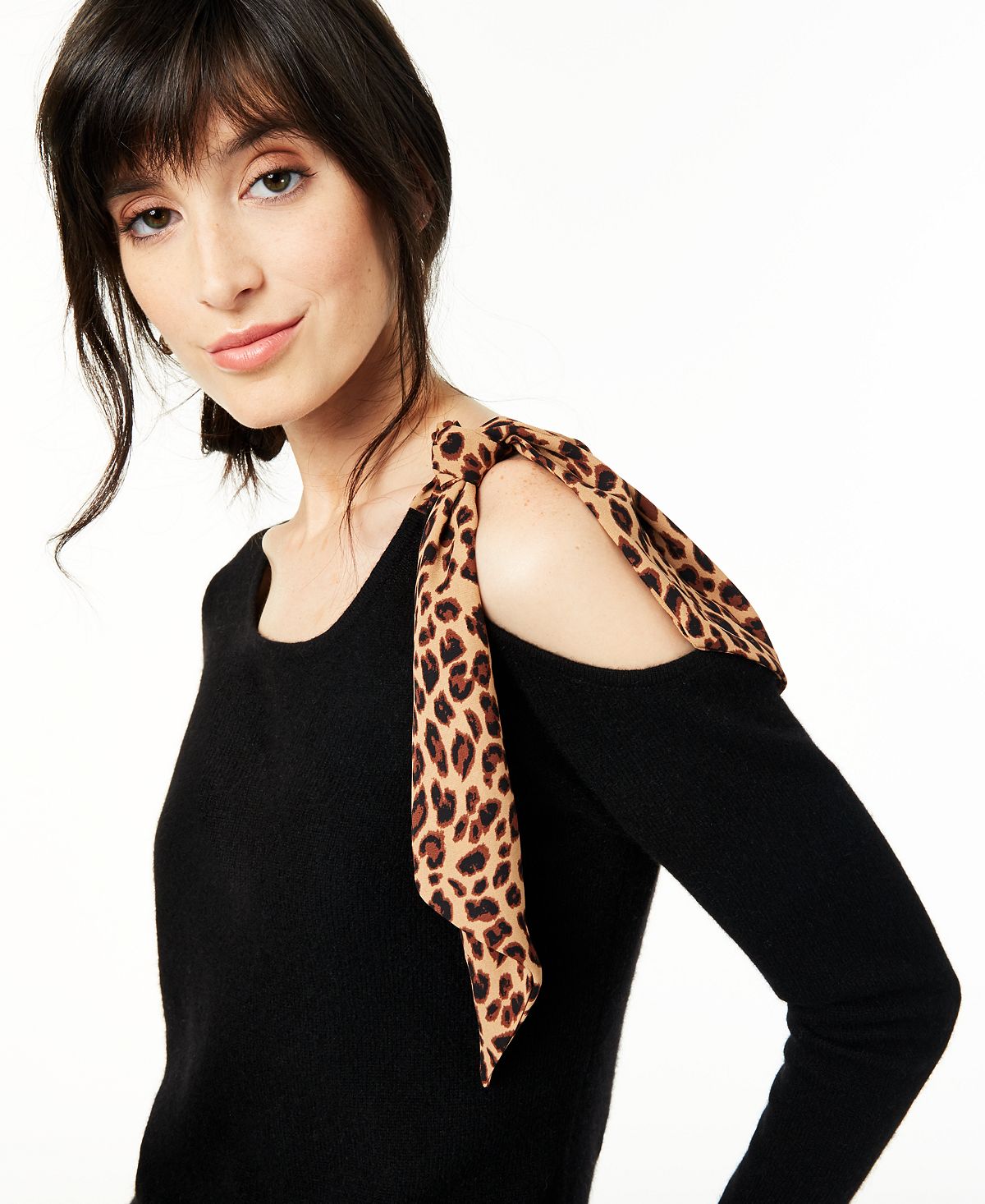 Charter Club Women's Cashmere Cold Shoulder Contrast Tie Sweater Black Size Petite Small