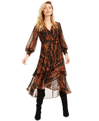Bar III Women's Animal Print Ruffle Wrap Dress Orange Size X-Small