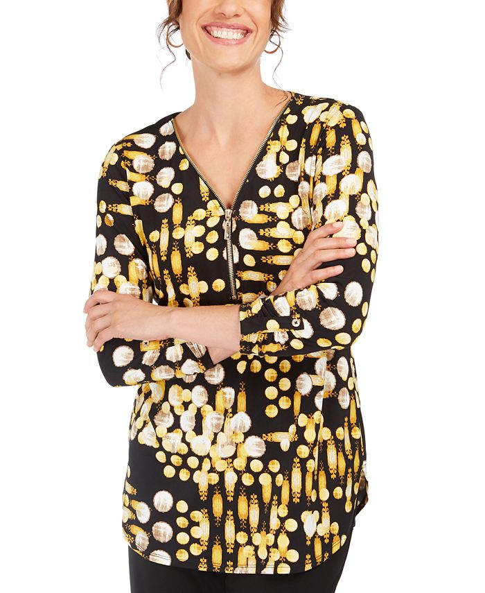 JM Collection Women's  Printed Zip-Neck Top  Yellow Size LARGE