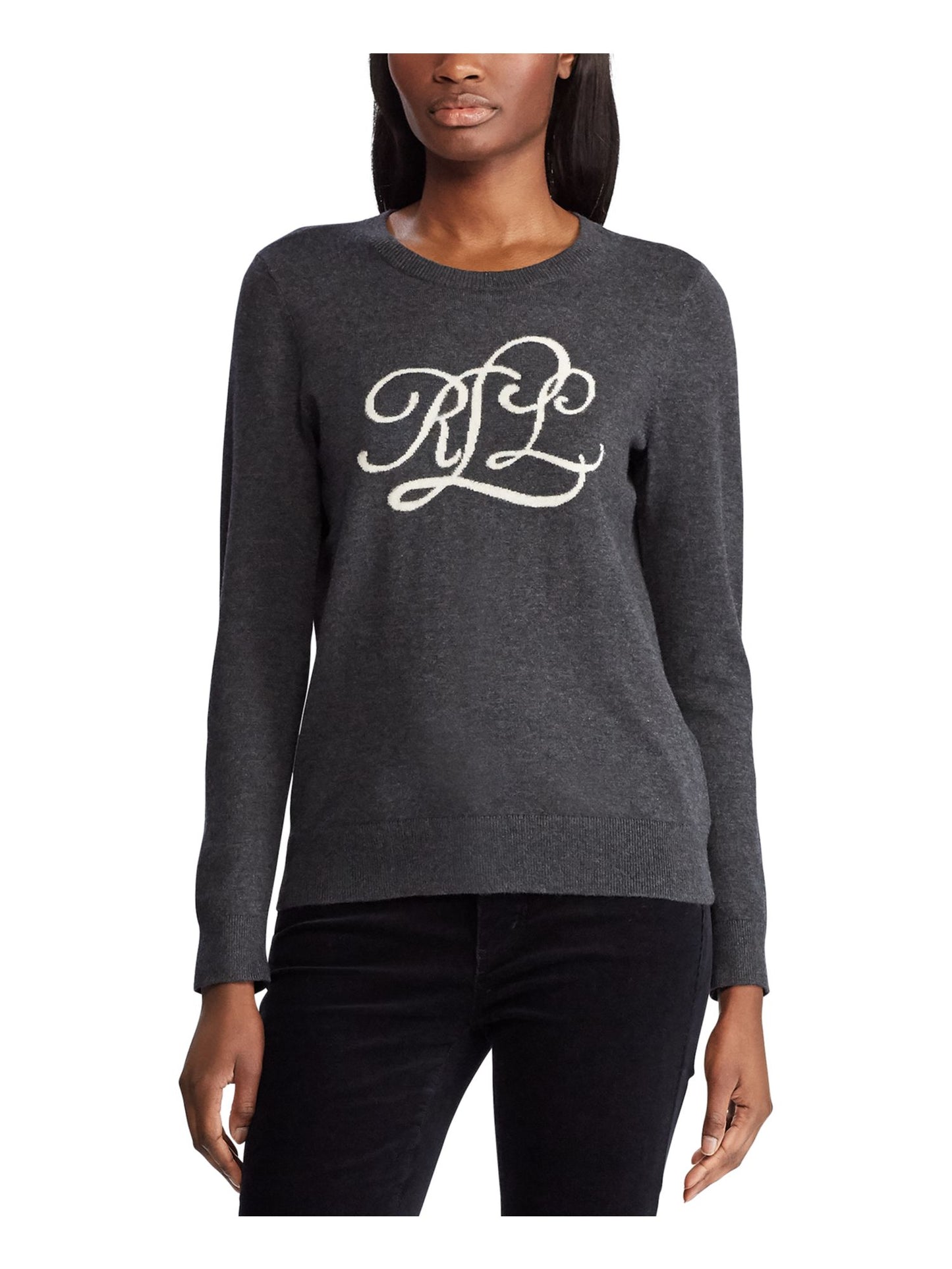 Ralph Lauren Women's Logo Graphic Long Sleeve Jewel Neck Sweater Grey Size Large