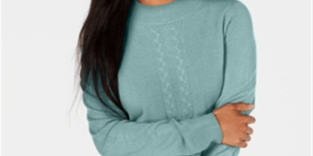Karen Scott Women's Cable Front Mock Neck Sweater Blue Size Large