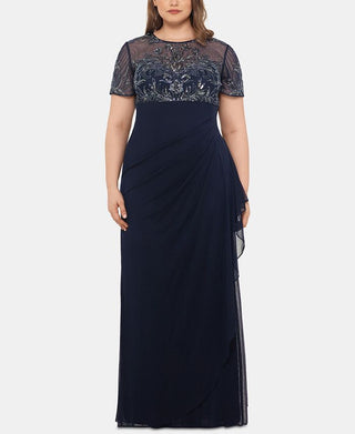 XSCAPE Women's Plus Embellished Ruffled Gown Blue Size 18W