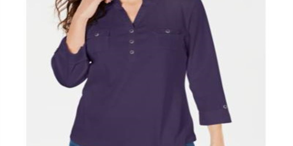 Karen Scott Women's 3/4 Sleeve Polo Shirt Purple Size Petite S