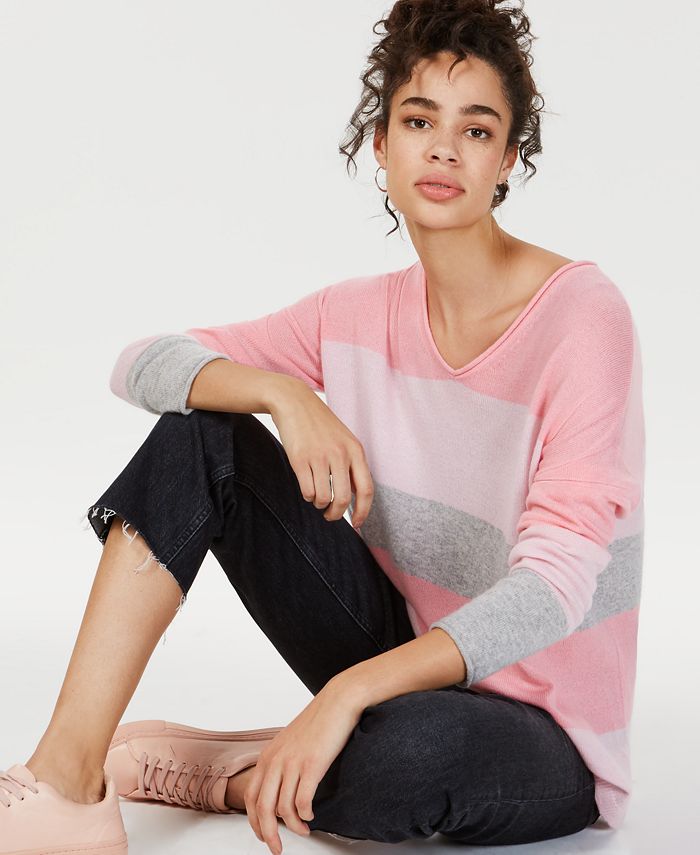 Charter Club Women's Cashmere Striped Rolled Sweater Pink Size Small